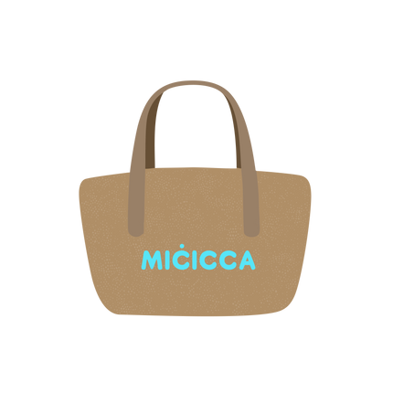 A fashionable bag that prominently features the word micicca in a bold font.