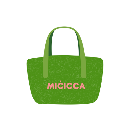 A green bag featuring the word miicca prominently displayed on its surface.