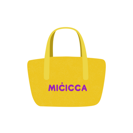 A bright yellow bag with the word micicca printed on it in bold letters.