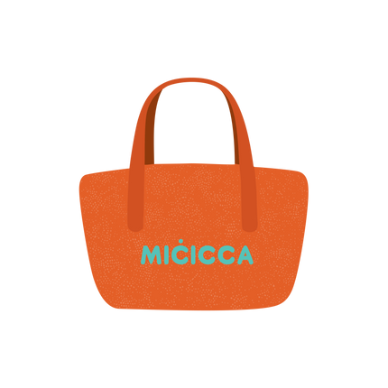 Orange micicca bag shown prominently, emphasizing its contemporary style and eye-catching hue.