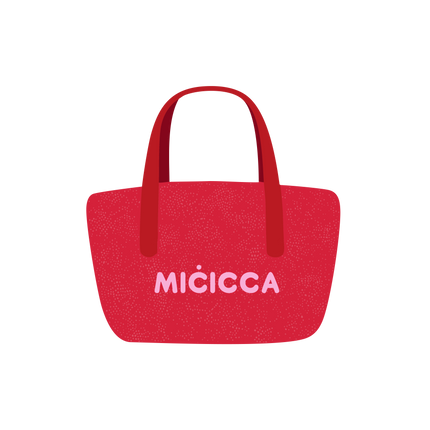 A red bag showcasing the word micca in a stylish font.