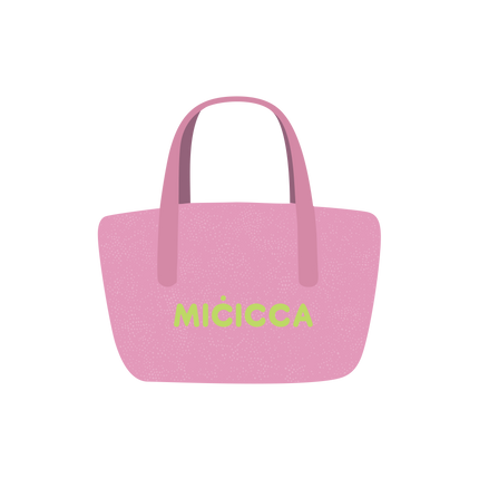 A pink bag featuring the word micicca prominently displayed on its surface.