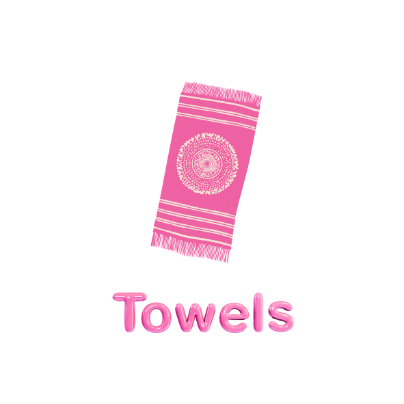 A pink towel with the word towels printed in bold letters across it.