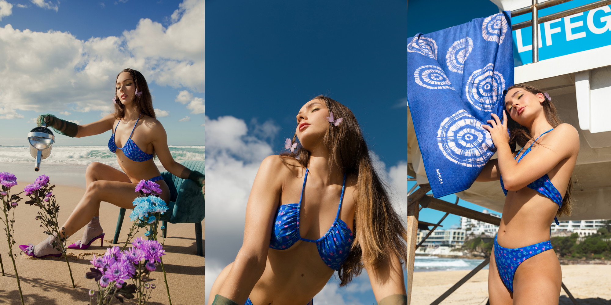 Three pictures of a woman in a bikini with a lifeguard, capturing moments of leisure and beach safety.