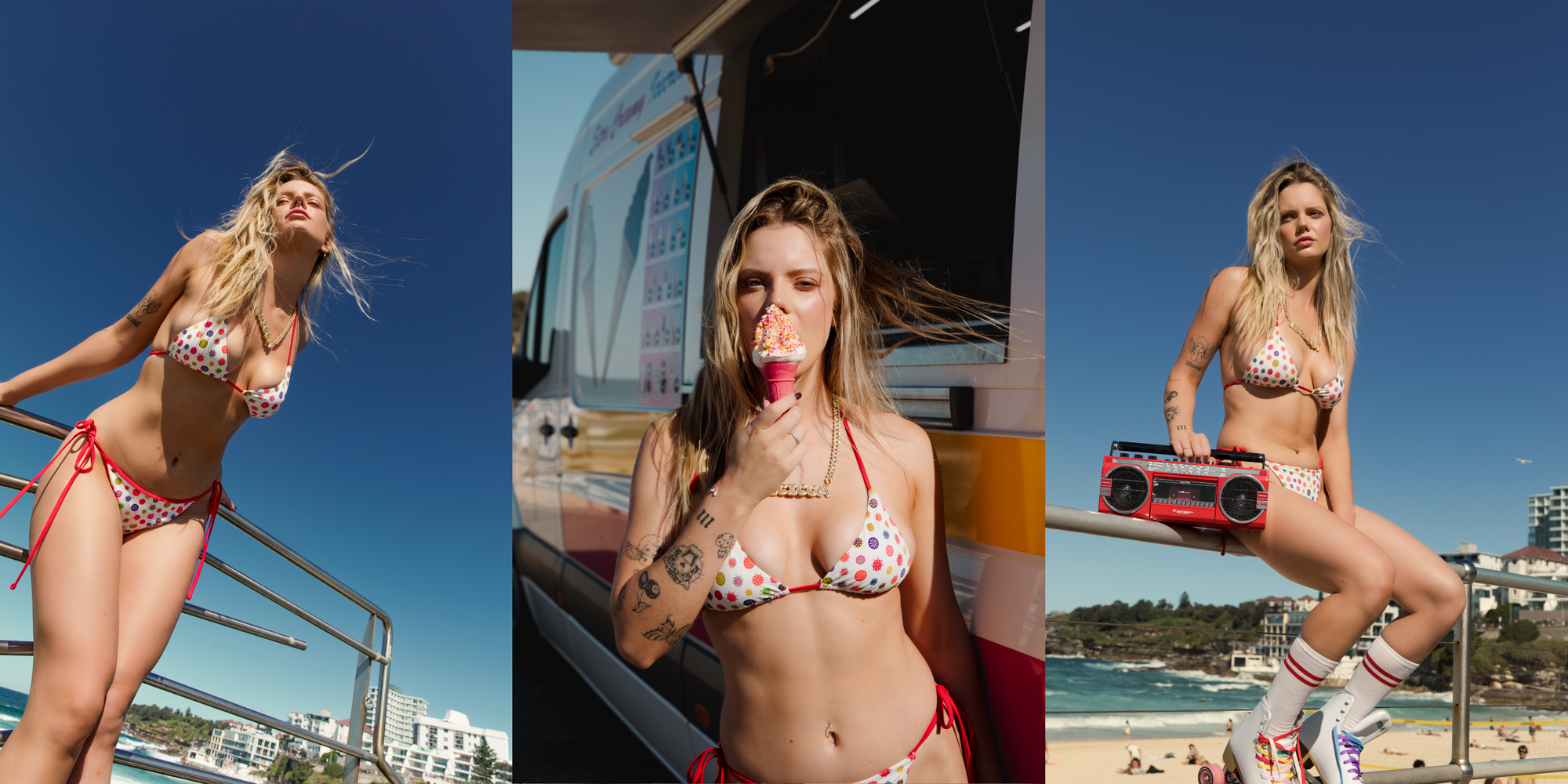 Three pictures of a woman in a bikini, prominently displaying a red and white bikini alongside other bikini styles.